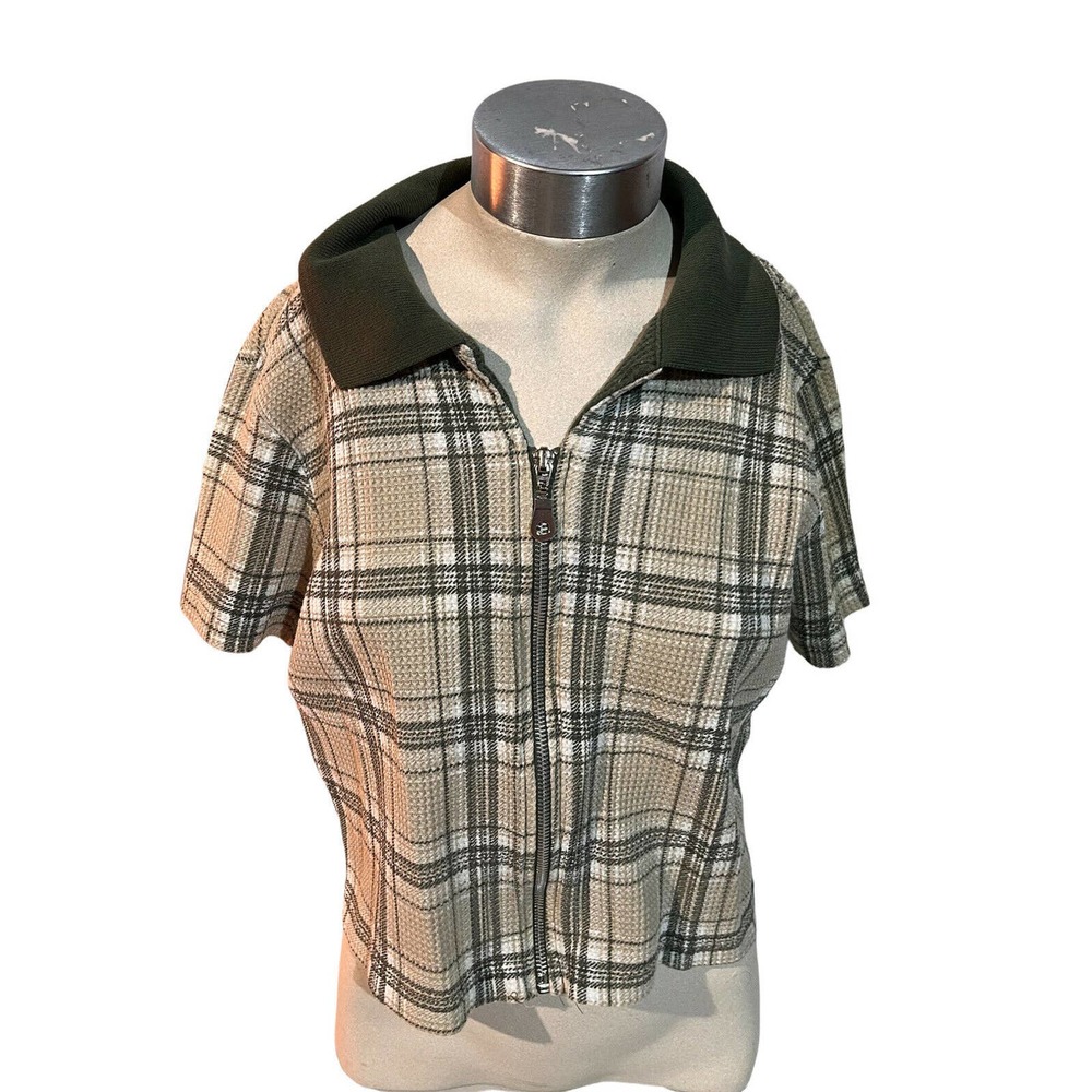 Vintage Y2K Fashion Bug Collared Green Short Sleeve Polo Crop top Plaid Size M